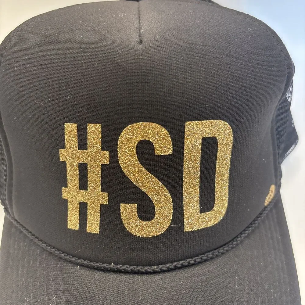 Otto #SD Hashtag San Diego Trucker Hat Black Gold Glitter Mesh Snapback Cap